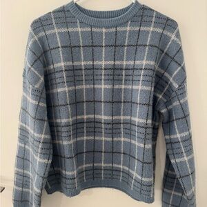 OAK + FORT Blue Plaid Crew Neck Sweater